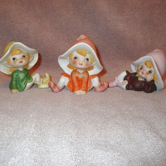 Vtg Homco Mushroom Pixie Elves Porcelain Garden Elf Figurines Set Of 3 MCM - Picture 1 of 8
